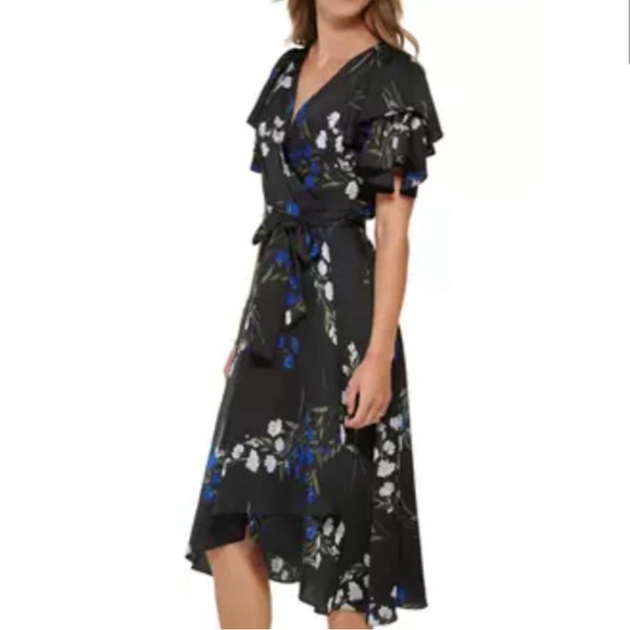 DKNY dress with flutter sleeves deep V neck black blue white floral print sz 16 - Picture 3 of 13